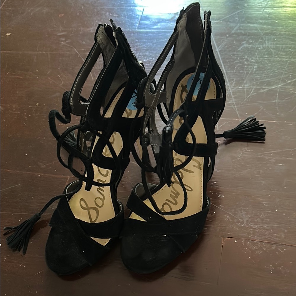 Black Lace-Up Suede High Heel Sandals